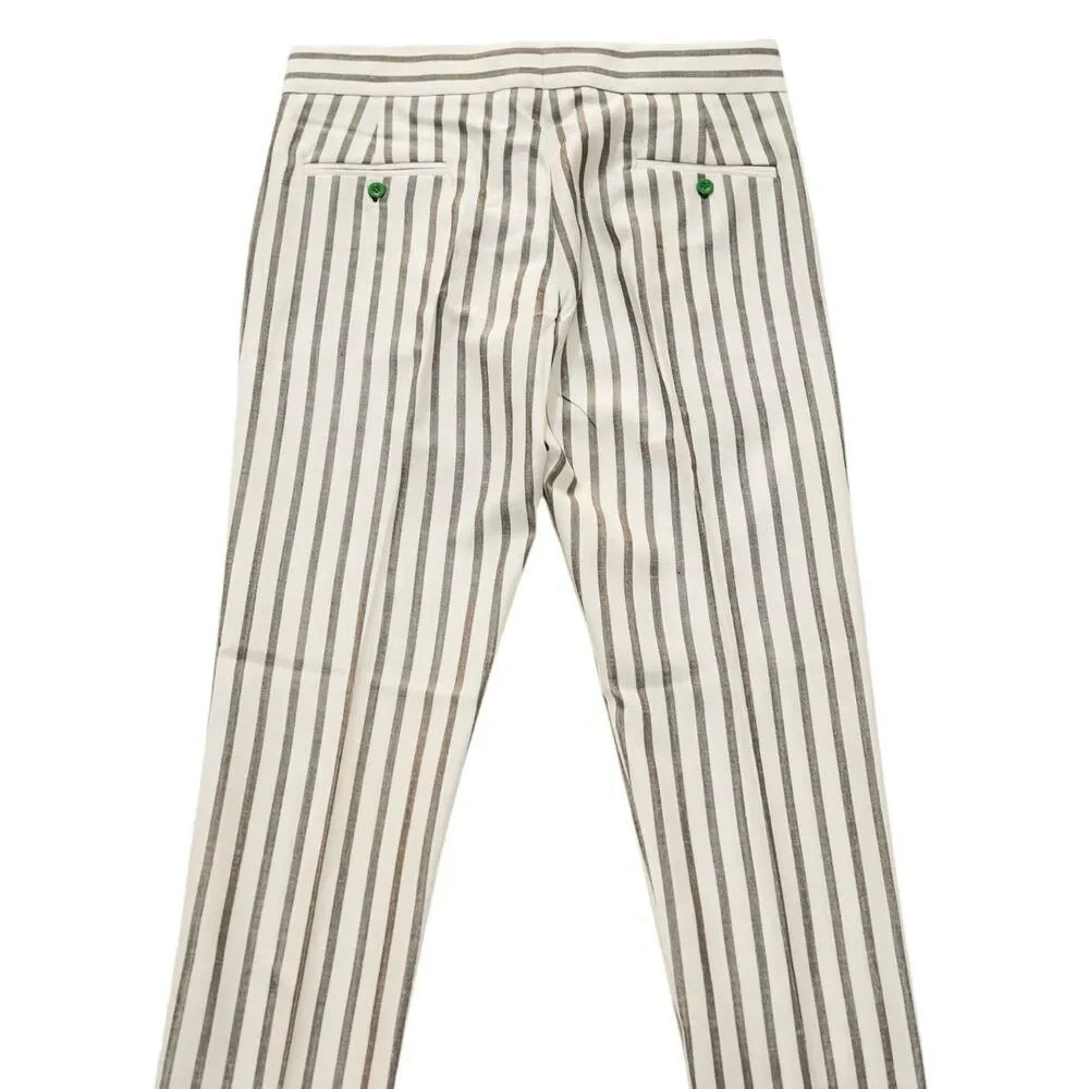Mens Gurkha Pants 36 Cream Brown Striped Flat Front Slim Fit Cotton Trousers